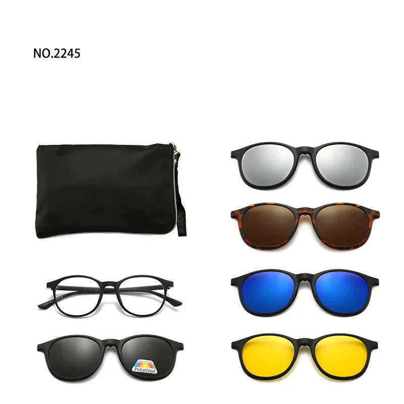 6 In 1 Spectacle Frame Men Women with Clip On Polarized Sunglasses