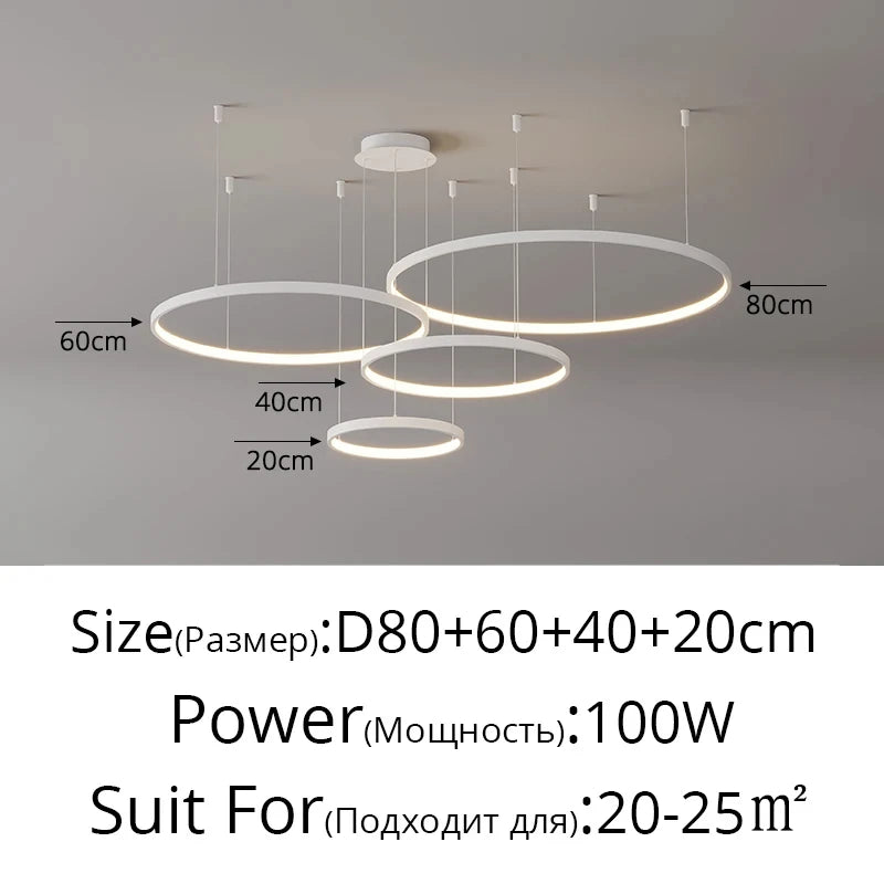 Black Rings Modern Minimalist Dimmable Pendant Light for Living Room and Restaurant Remote Control Chandelier Home Decor