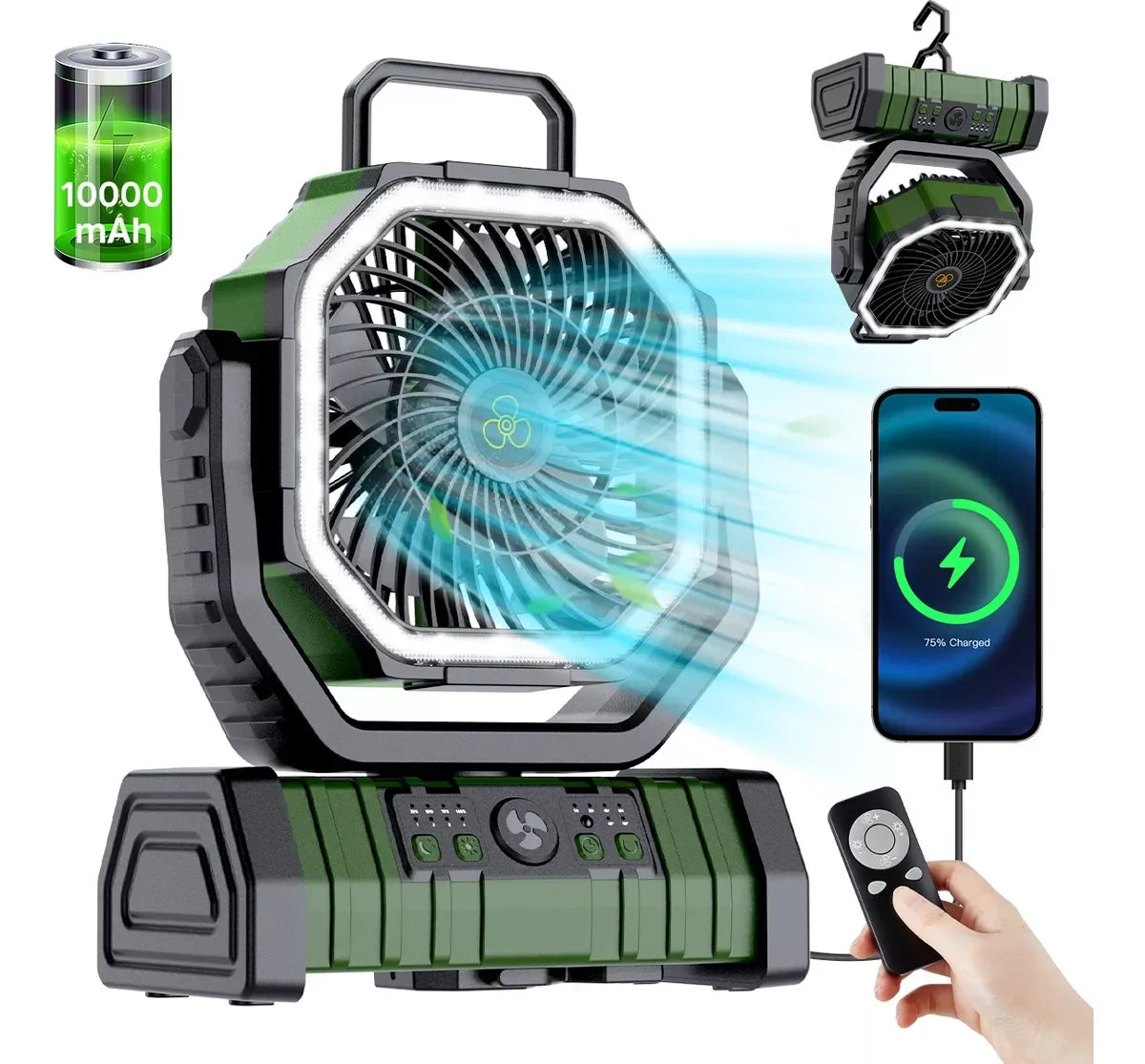 20,000mAh Camping Fan with LED Light β Wireless Rechargeable Outdoor Air Circulator with Hanging Hook