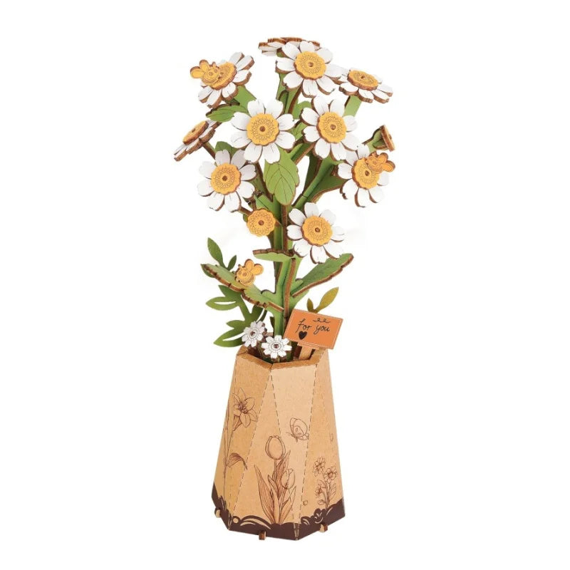 Robotime DIY Wooden Flower Purple Moth Orchid Flower Pink Tulip Chamomile Crafts Wooden Flower Gift for Mom Wife Friends