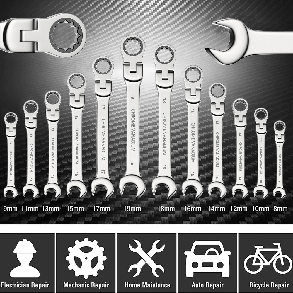Flex Head Ratcheting Wrench Set, WOZOBUY Metric Cr-V Gear Spanner