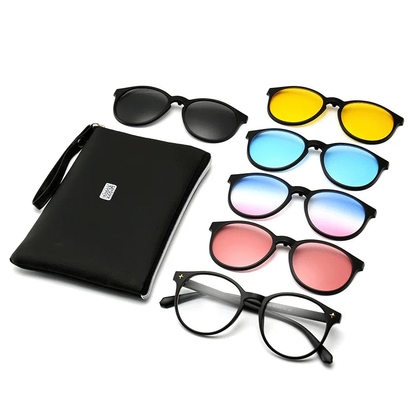 6 In 1 Spectacle Frame Men Women with Clip On Polarized Sunglasses