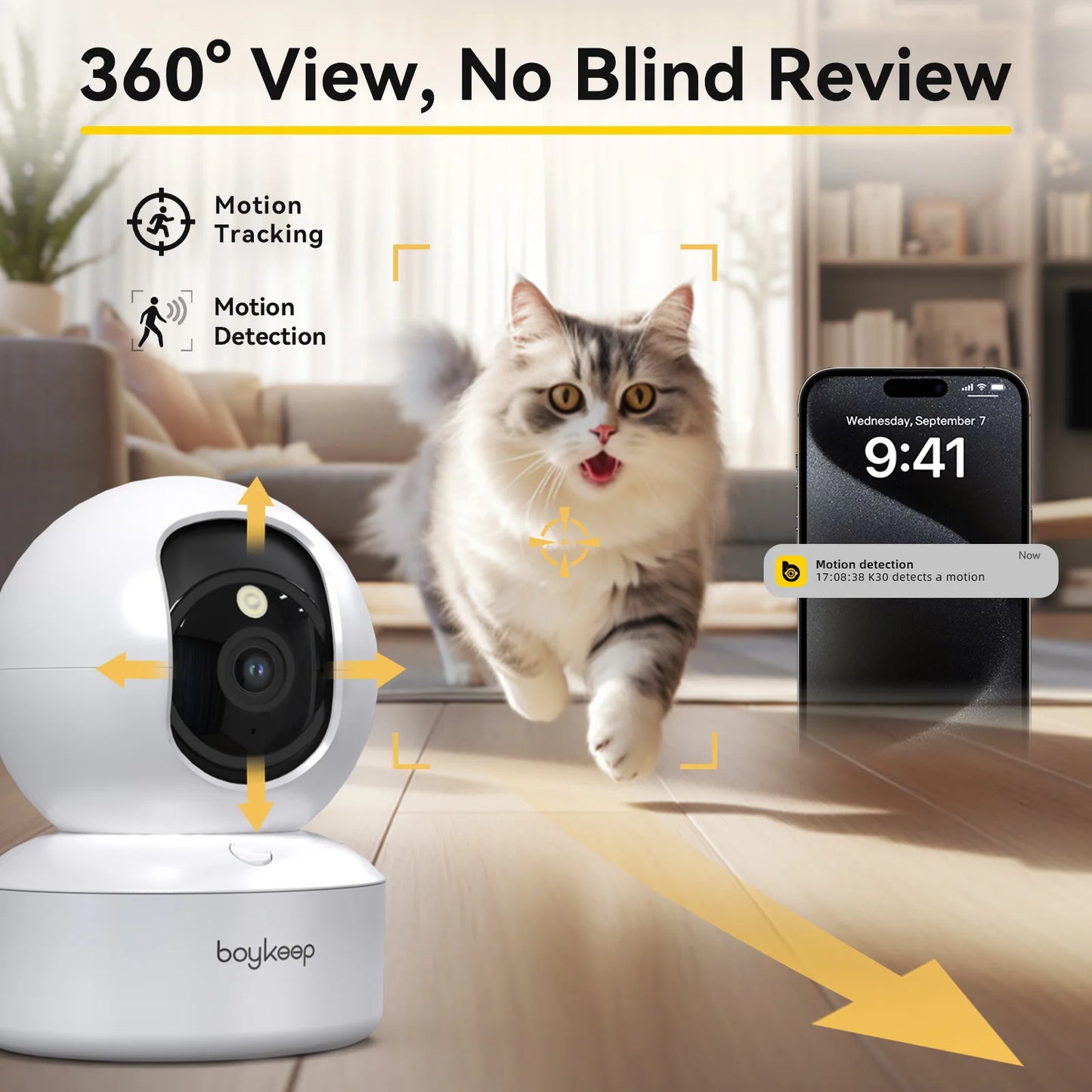 Boykeep 2K Pet Camera with Phone App Indoor Security Camera 5G 2.4GHz WiFi 360 Degree Pan and Tilt Two Way Audio Night Vision