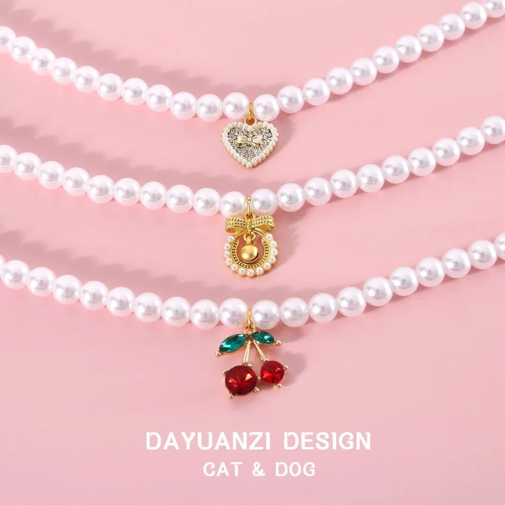 Pet Princess Style Pearl Cherry Love Bow Pendant Necklace Cat Bichon Dog Birthday Ins Wind Collar
