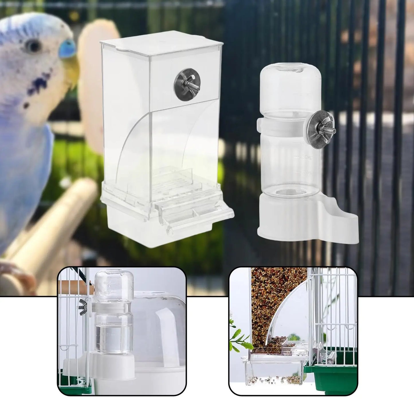 Bird Feeders and Waterer Clear Viewing Cage Accessory Food Dispenser for Canary Finch Cockatoo Cockatiel Lovebirds Budgies