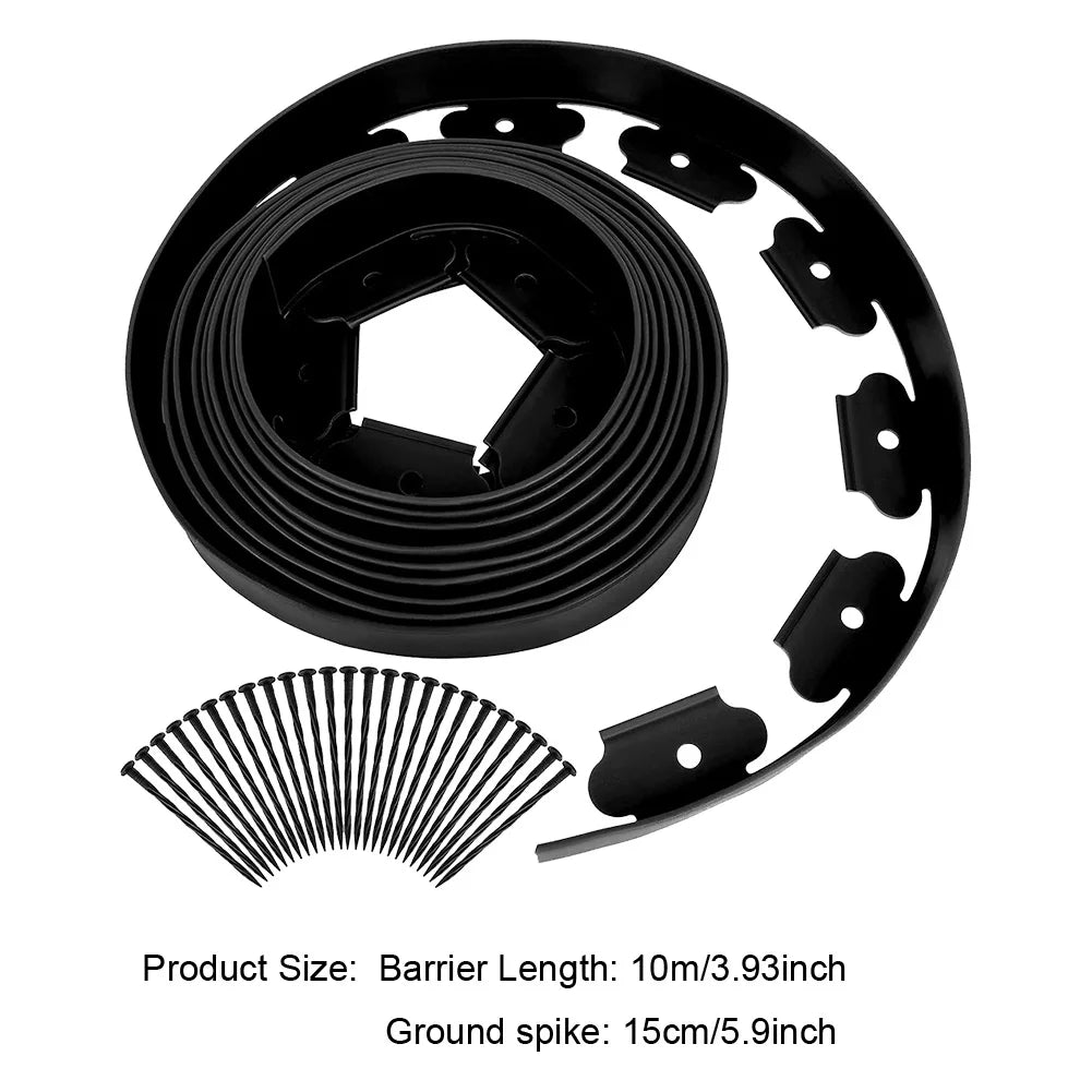 10M Plastic Garden Edging Border Kit with 30 Anchoring Spikes for Easy Installation and Durable Landscape Design