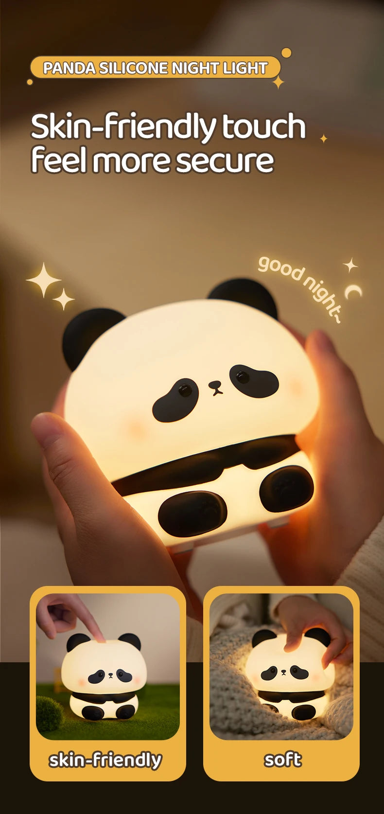 Panda LED Night Light Cute Silicone Touch Lamp USB Rechargeable Bedroom Decor Perfect Children's Gift