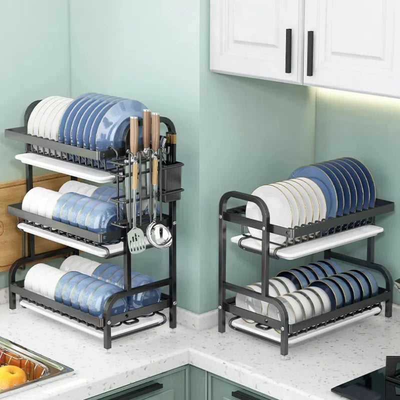 3-Tier Compact Dish Drying Rack with Drainboard Large Rust-Proof Metal Kitchen Storage Solution