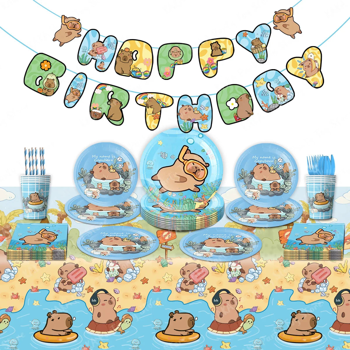 Capybara Birthday Decorations Balloons Cute Tableware Set