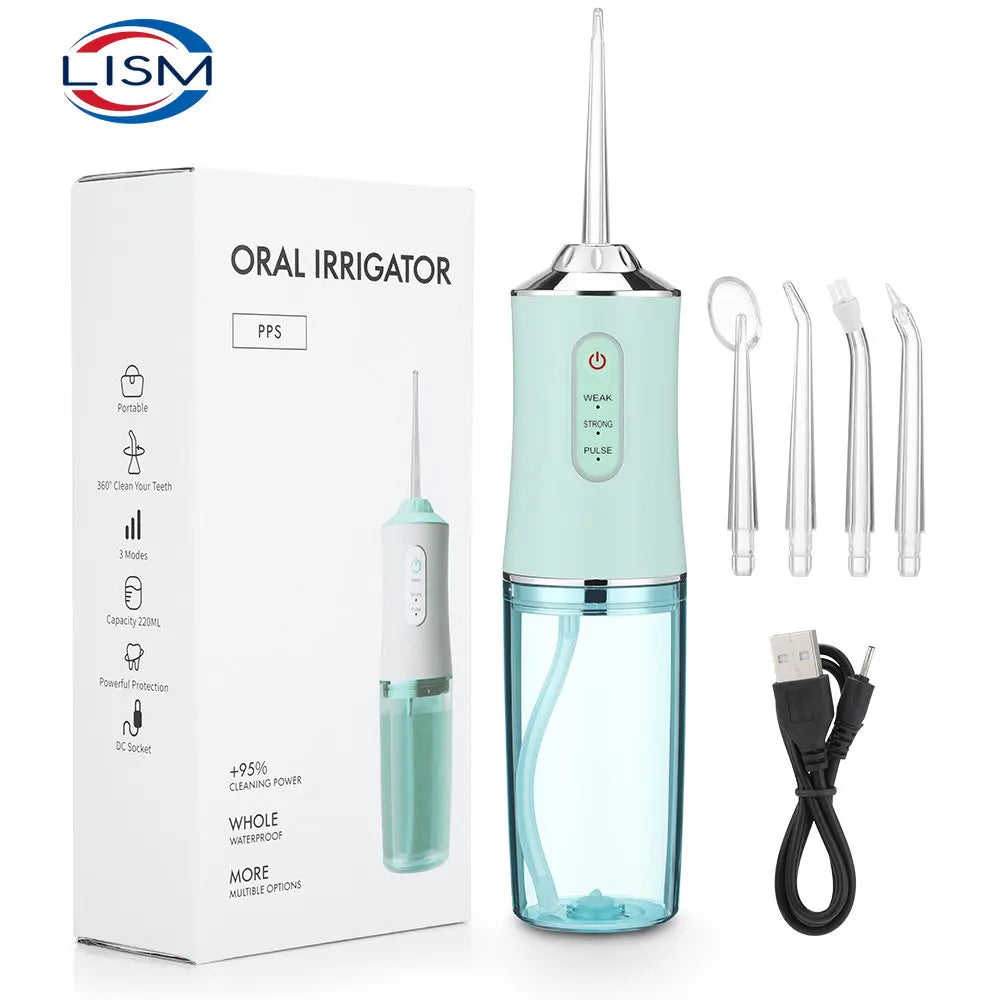 Irrigador bucal portátil, irrigador bucal con chorro de agua, recargable por USB, 4 boquillas, 220 ml, 3 modos, IPX7, 1400 rpm
