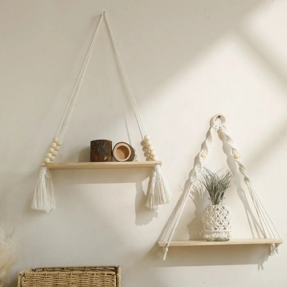 Wooden Wall Shelves Boho Floating Macrame Hangers Rustic Decor