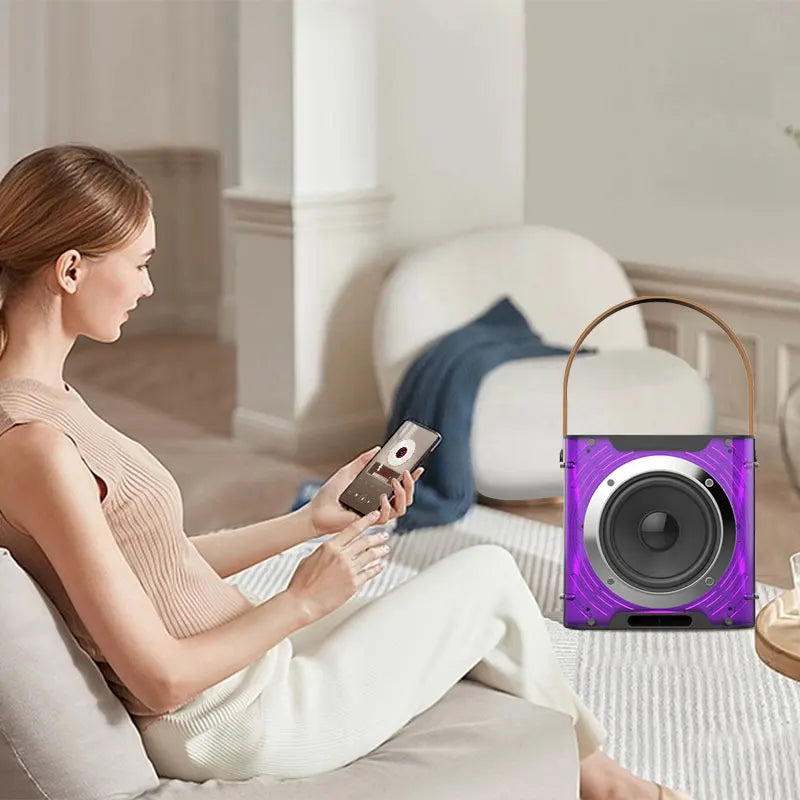 High Power Karaoke Bluetooth Speaker with 360 Stereo Surround Sound and RGB Rhythm Lights Wireless Subwoofer and Dual Microphones