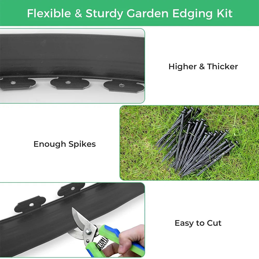 10M Plastic Garden Edging Border Kit with 30 Anchoring Spikes for Easy Installation and Durable Landscape Design