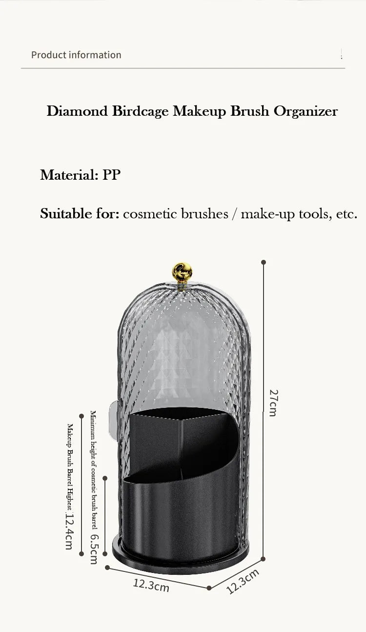 Makeup Brush Holder with Lid Diamond Birdcage 360 Rotating Organizer