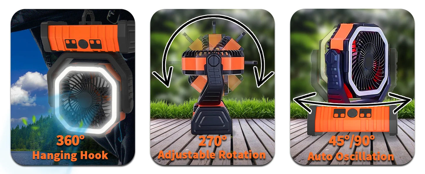 20,000mAh Camping Fan with LED Light β Wireless Rechargeable Outdoor Air Circulator with Hanging Hook