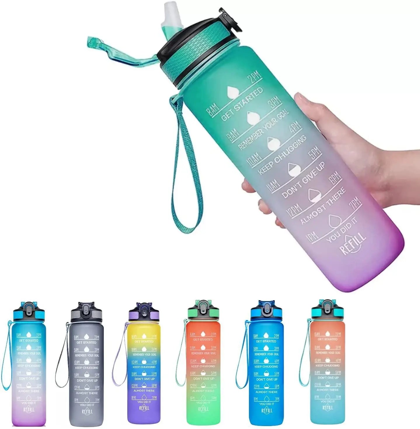 1pc 1000ml Large Capacity Gradient Water Bottle with Straw