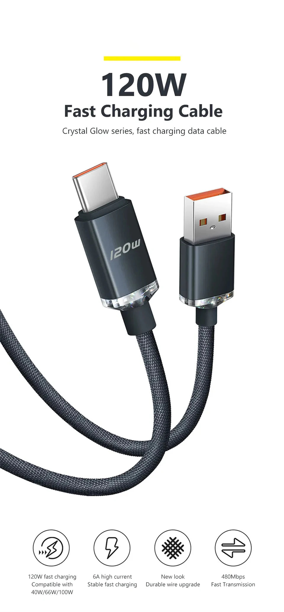 120W 6A Fast Charge USB Type C Cable for Xiaomi Huawei
