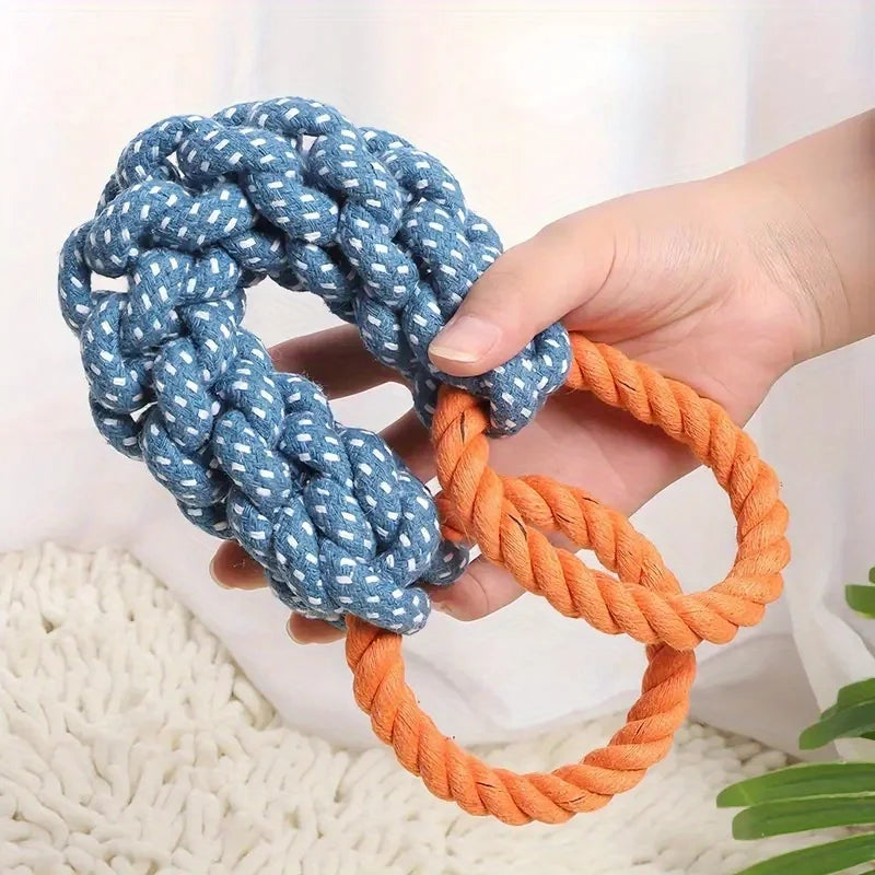 Dual-Handle Braided Rope Knot Pet Toy for All Dog Breeds - Durable Teeth Cleaning Chew Toy in Blue and Orange, Polyester Blend