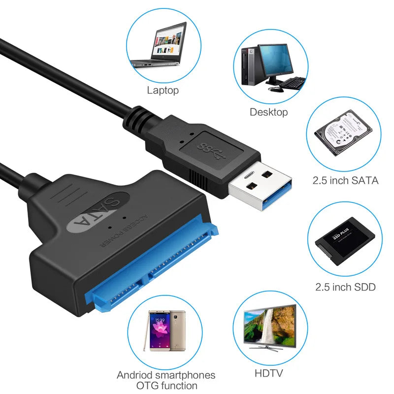 Cable SATA a USB 3.0/2.0 de hasta 6 Gbps para disco duro externo HDD SSD de 2,5 pulgadas Adaptador SATA 3 de 22 pines Cable USB 3.0 a Sata III