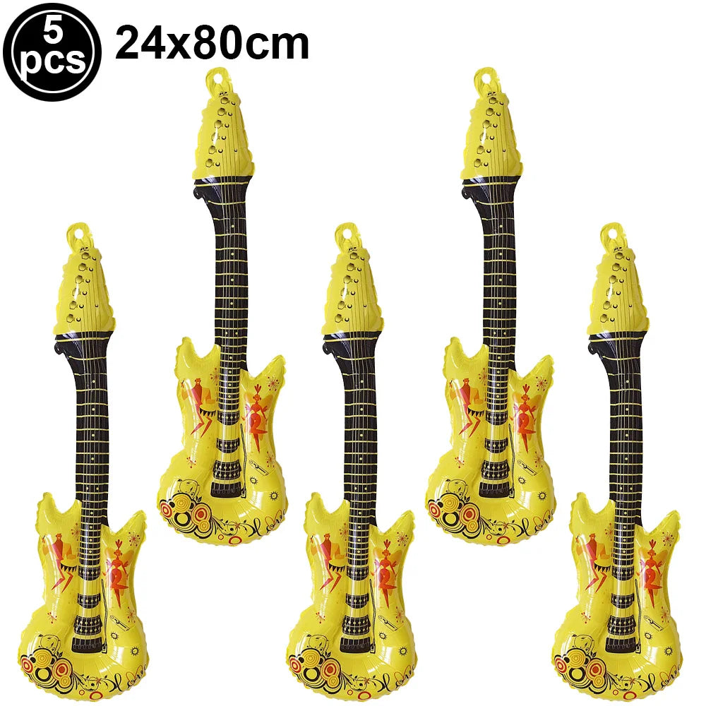 5 Piece PVC Musical Instrument Inflatable Balloon Set with Guitar and Microphone for Kids Birthday and Retro Party Decorations