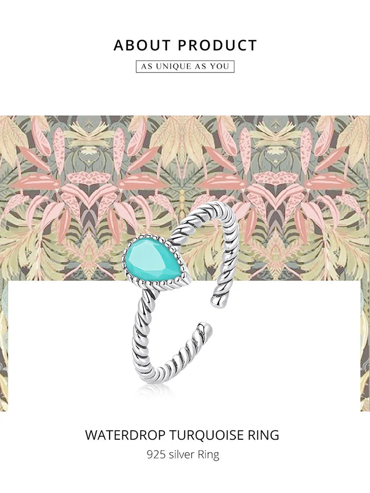 WOSTU 925 Sterling Silver Turquoise Waterdrop Ring for Women