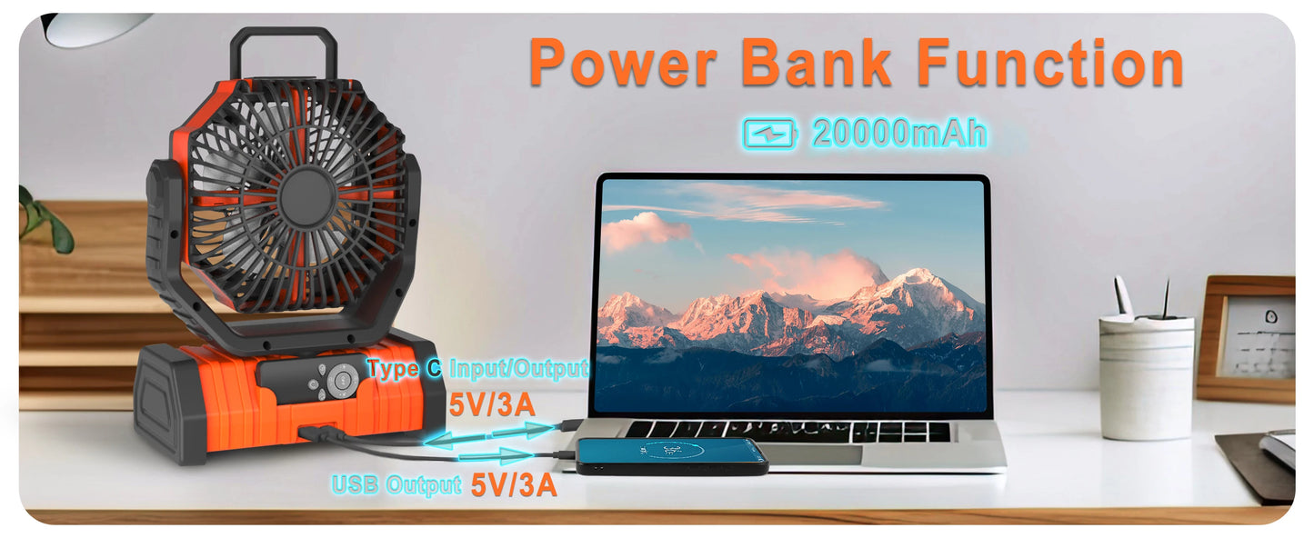 20,000mAh Camping Fan with LED Light β Wireless Rechargeable Outdoor Air Circulator with Hanging Hook