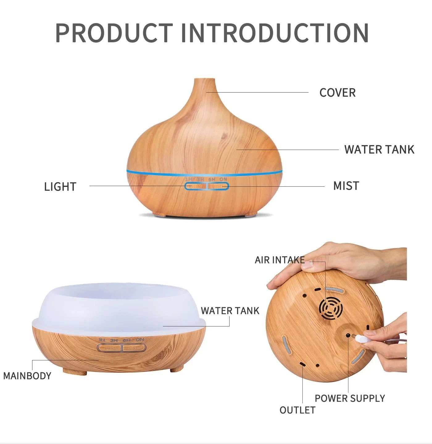 Air Humidifier Aromatherapy Essential Oil Diffuser 500ml Wood Grain Ultrasonic Remote Control 7 Color Lights