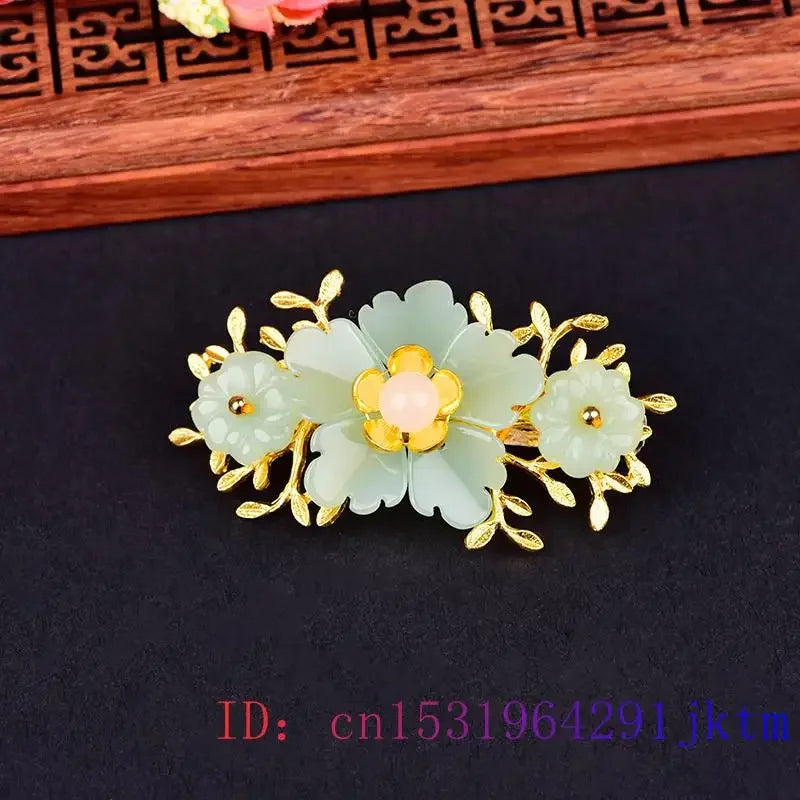 Green Jade Flower Barrette Hairpin 18K Gold Vintage Clip