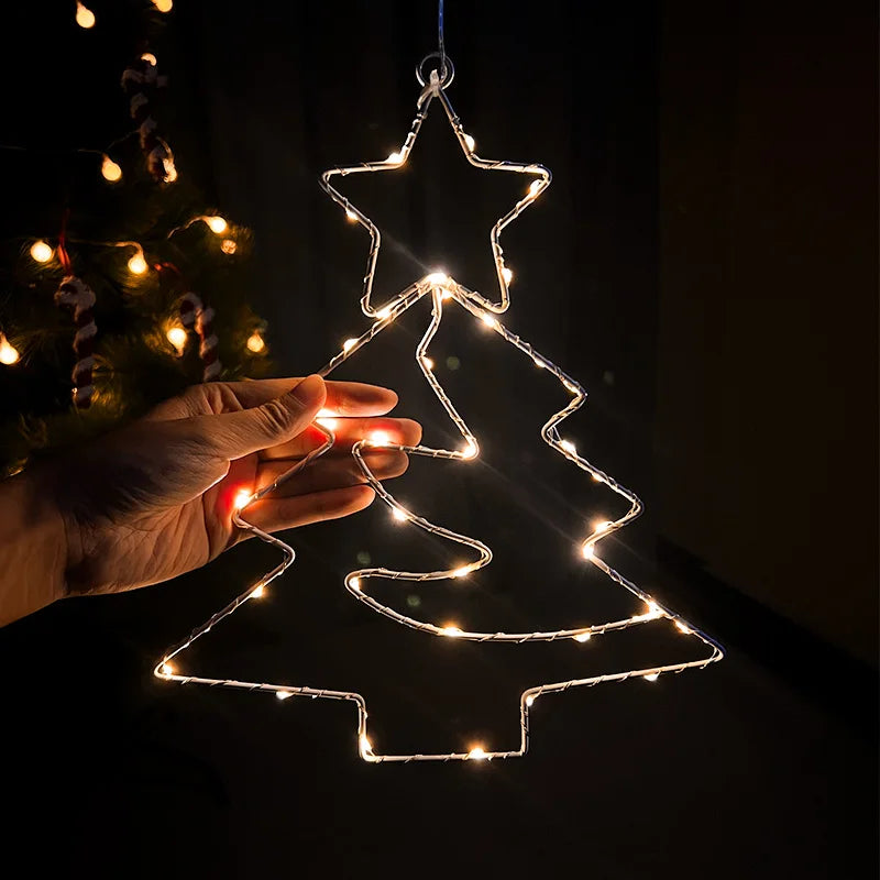 Xmas Tree Iron Frame LED Light String Window Hanging Ornament for 2024 Christmas and 2025 New Year Home Decoration