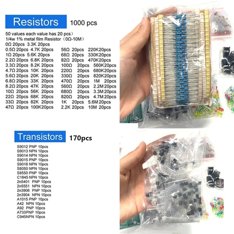 1818 Pieces Electronic Components Kit for Hobbyists and Students Including Resistors Capacitors Transistors Diodes LED and PCB Board