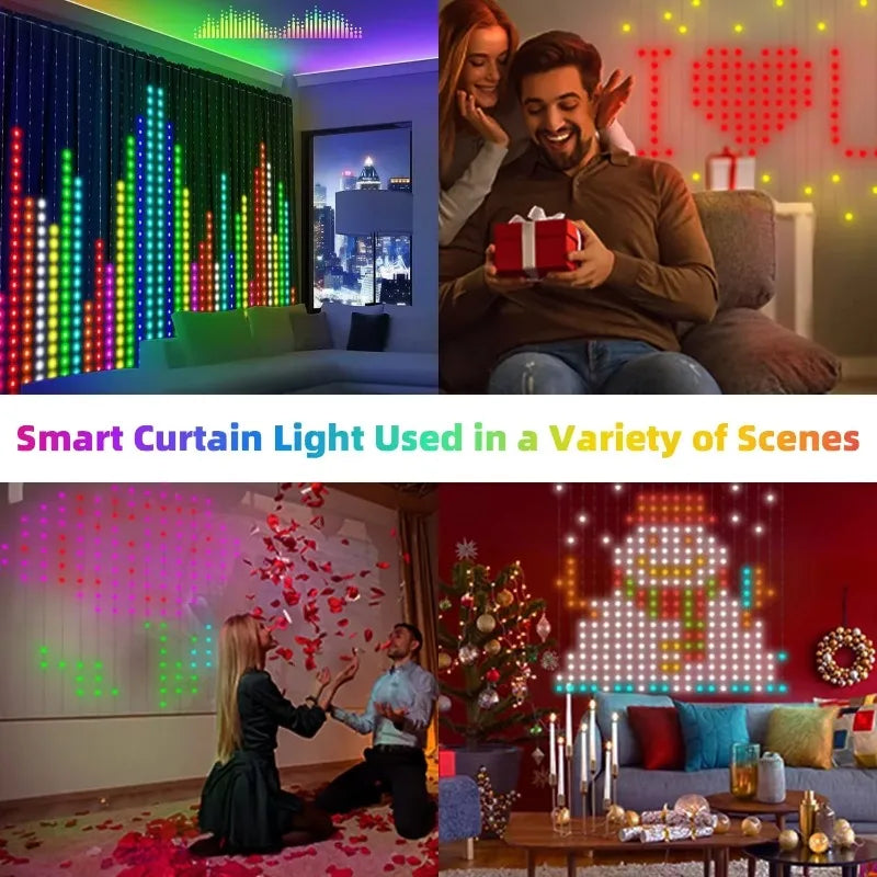 400LEDs Smart Curtain Lights with Bluetooth App Control for DIY RGB Fairy Lights and Music Sync Display