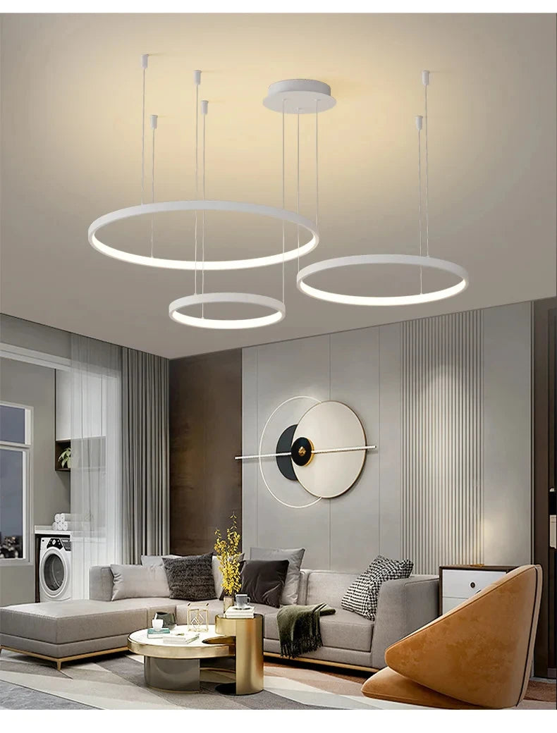 Black Rings Modern Minimalist Dimmable Pendant Light for Living Room and Restaurant Remote Control Chandelier Home Decor