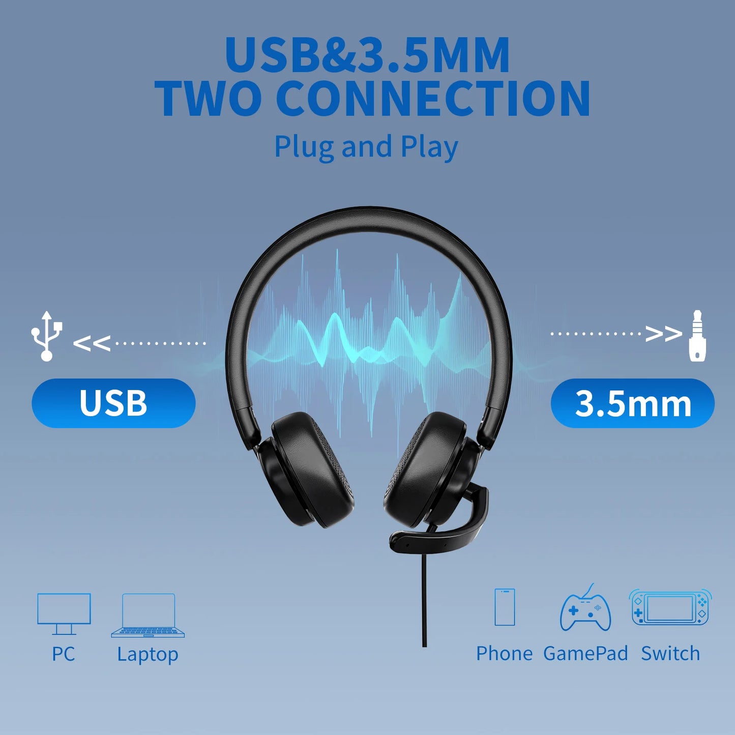3.5mm USB Wired Headphones with Independent Sound Card and Microphone Adjustable Volume Business Headset for PC Laptop and Computer