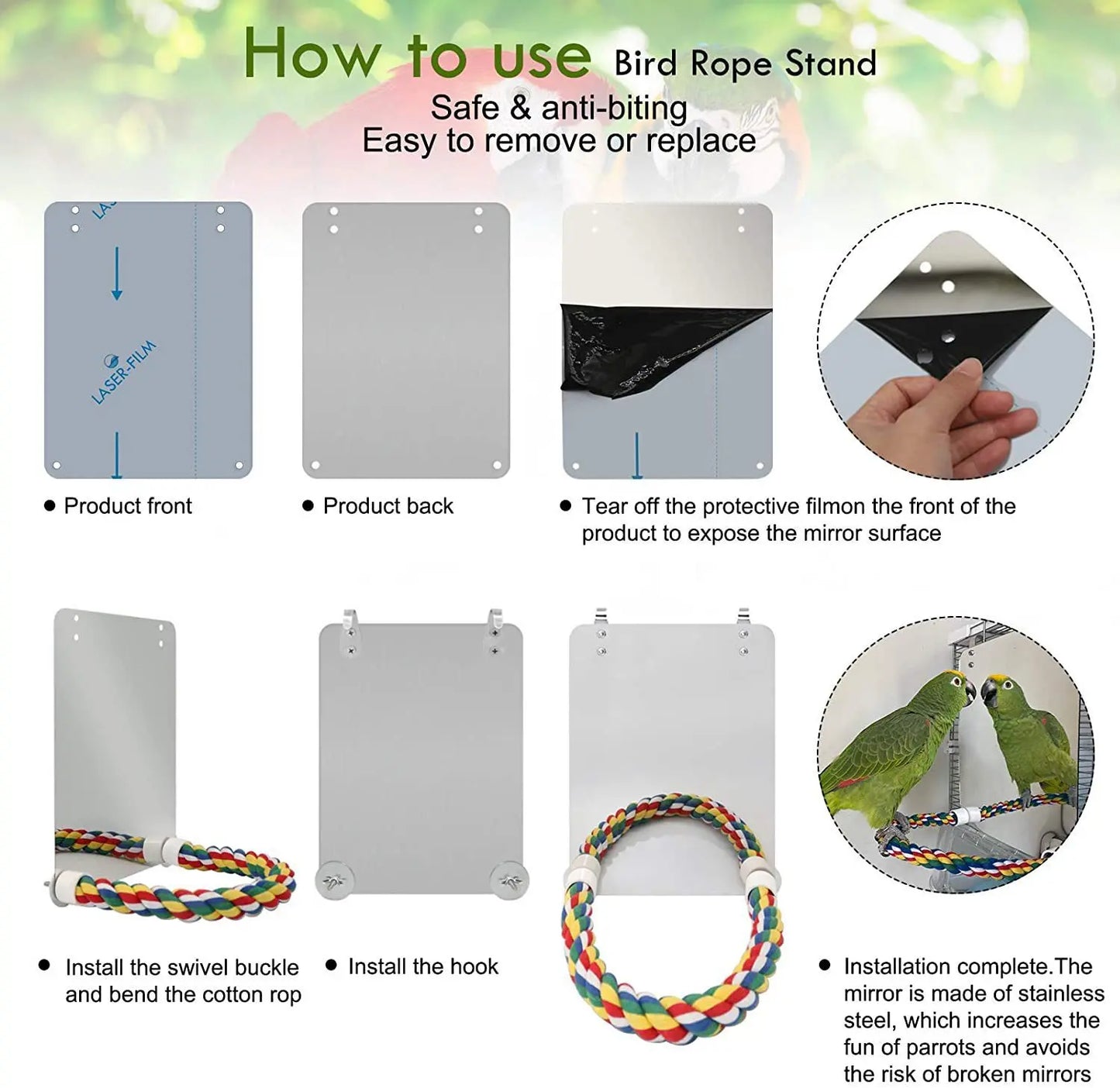 Bird Mirror With Perch Cage Swing Toy Macaws Finches Small Parakeet Rope Stand for Parrot Pet Supplies