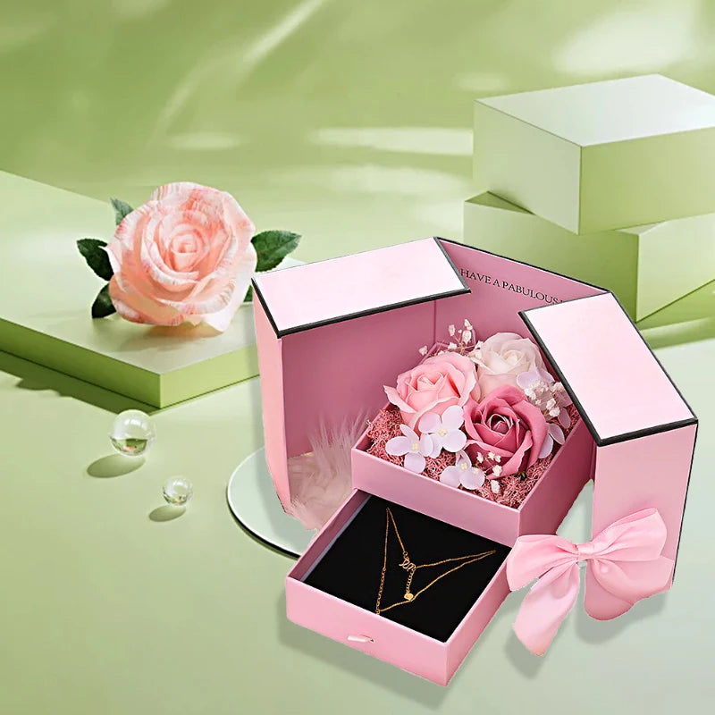 Rose Jewelry Gift Box Bow Luxury Double Door Drawer Packaging for Girlfriend Mom Romantic Flower