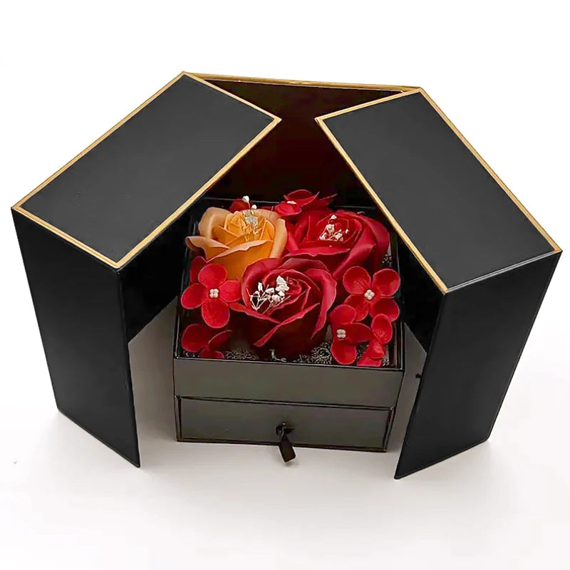 Rose Jewelry Gift Box Bow Luxury Double Door Drawer Packaging for Girlfriend Mom Romantic Flower