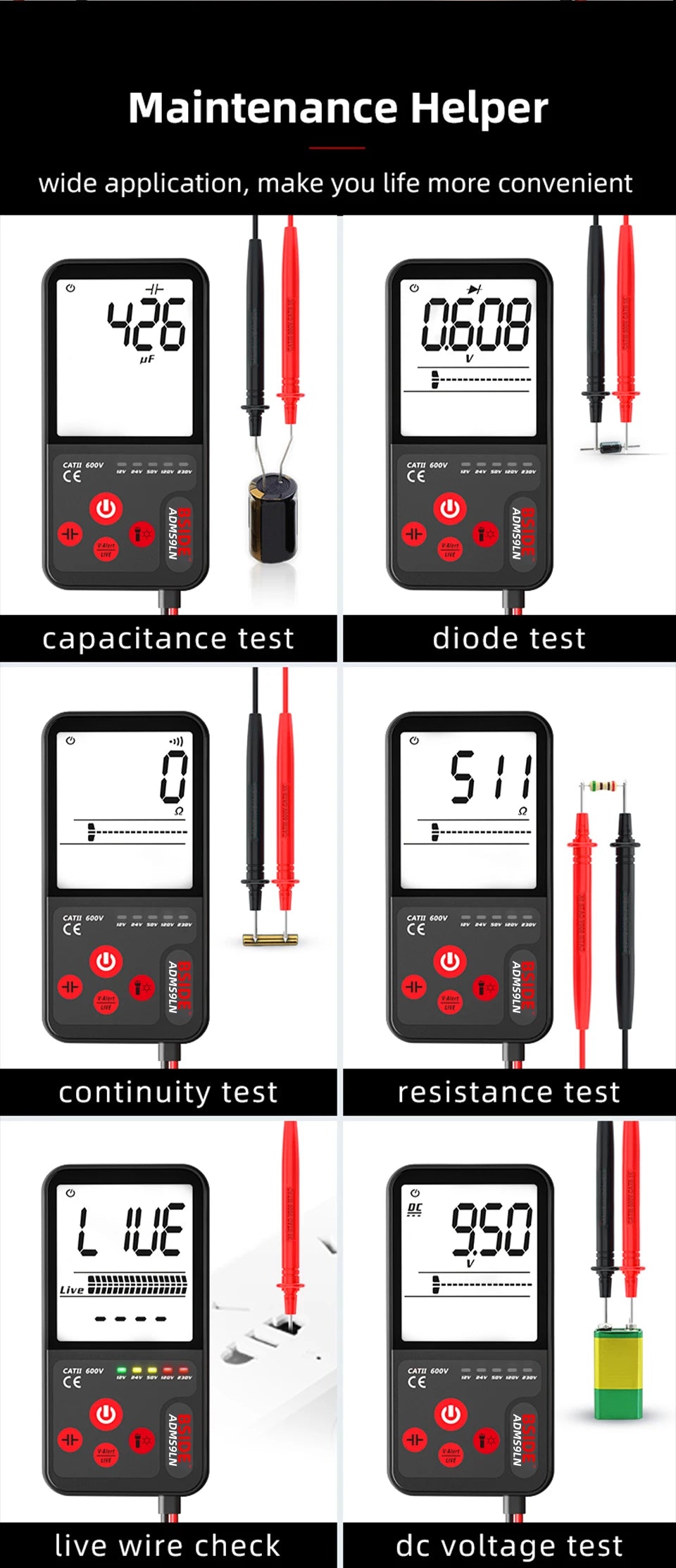 BSIDE Portable Digital Multimeter with AC DC Voltage Detection