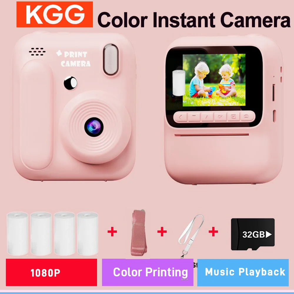 Color Printing Camera Kids Instant Camera 32GB 1080P Thermal Print Digital Camera Print Photo Video Games Music Children Gift