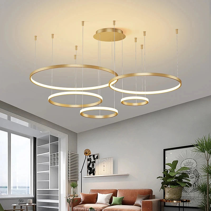 Black Rings Modern Minimalist Dimmable Pendant Light for Living Room and Restaurant Remote Control Chandelier Home Decor