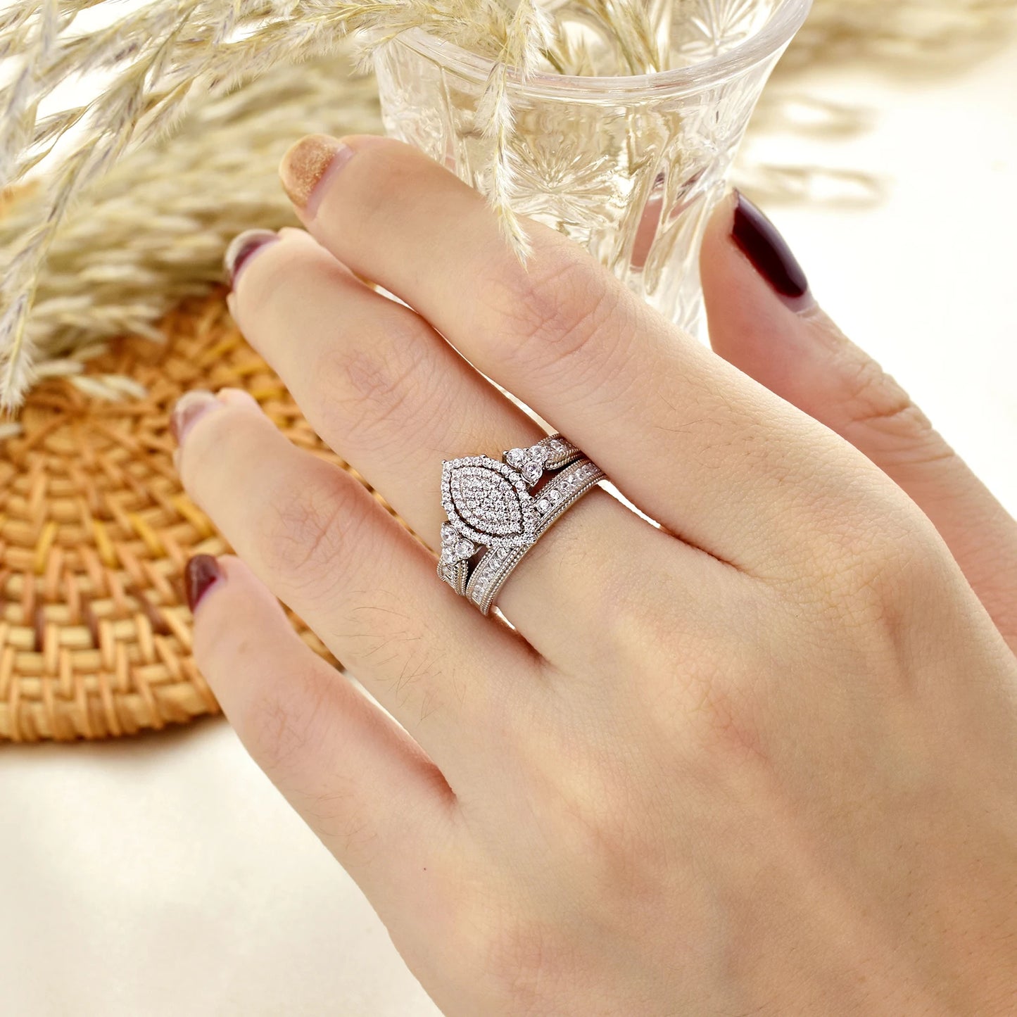 Newshe Halo AAAAA CZ Marquise Cluster Vintage Wedding Ring Set 925 Sterling Silver