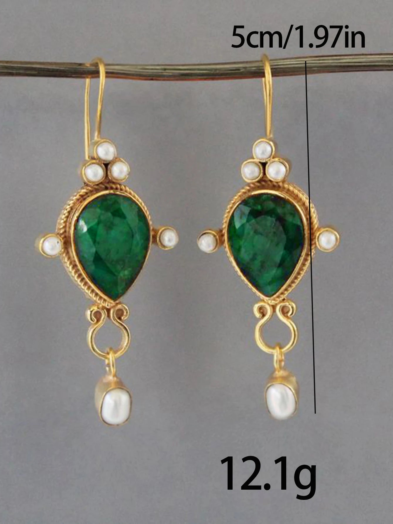 2 Pieces Vintage Design Emerald Pearl Dangle Earrings for Parties