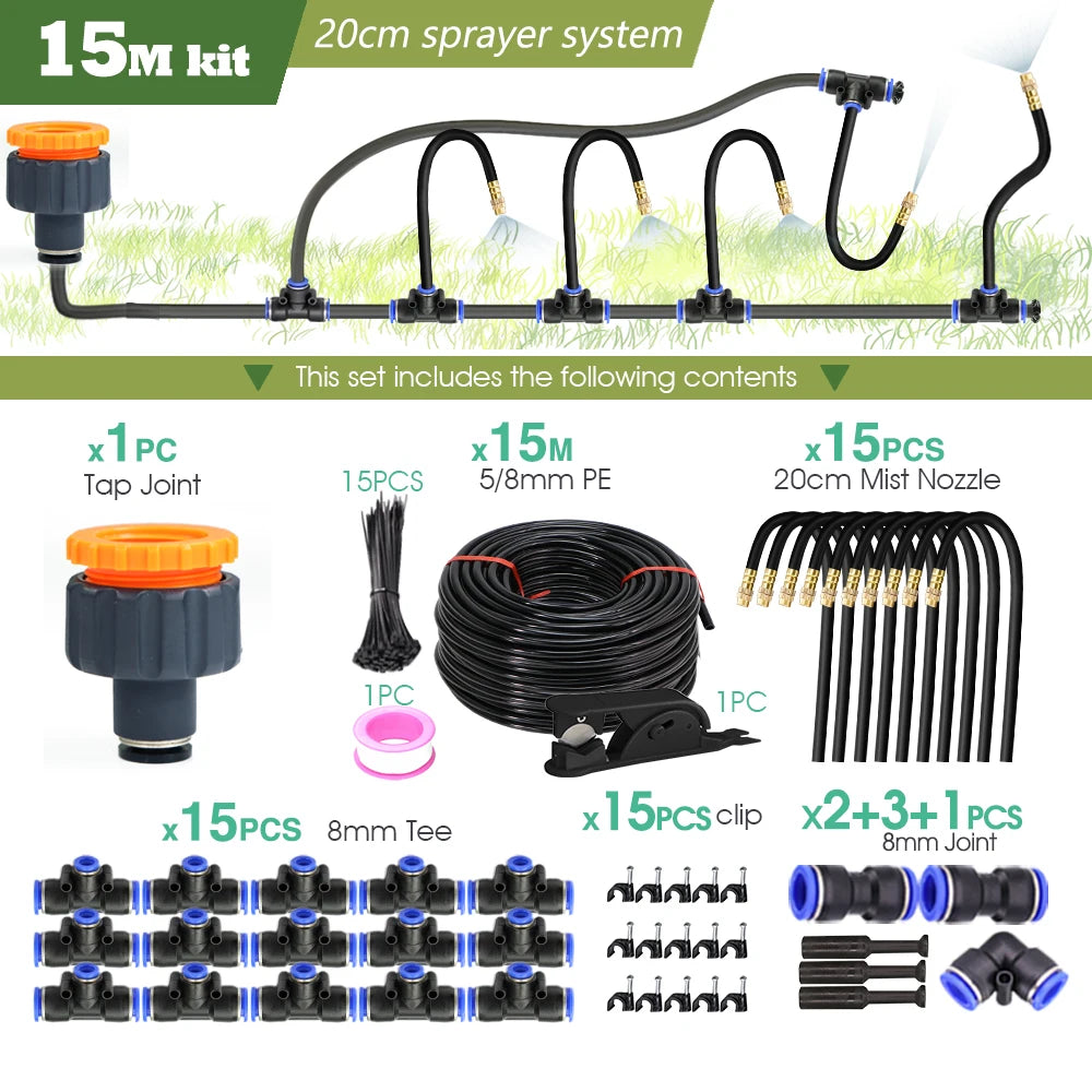 30M to 5M DIY Universal Sprayer Kit with 8mm Hose for Patio Misting Cooling System and Garden Plant Irrigation