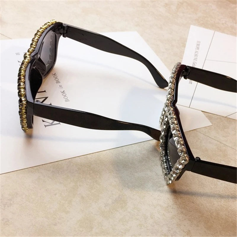 Oversized Rhinestone Frame Square Sunglasses UV400 Shades for Women