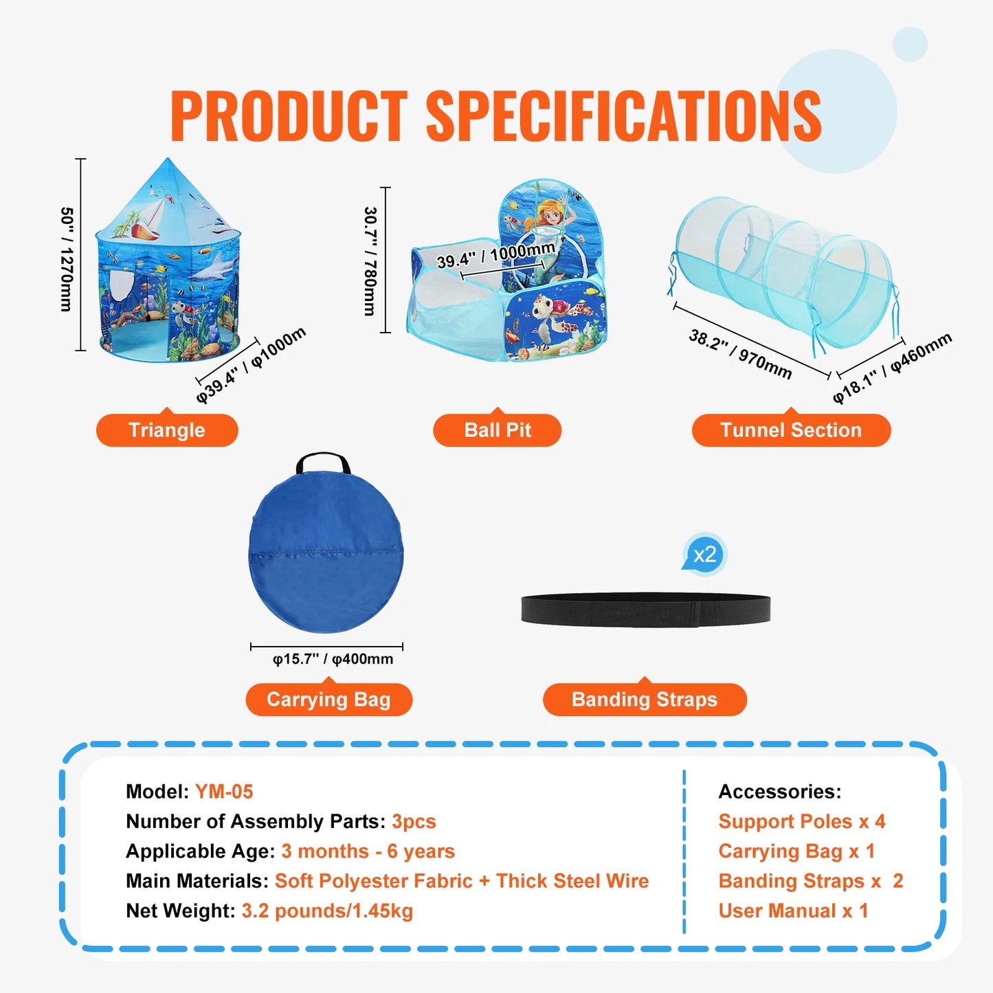 VEVOR 3 in 1 Kids Play Tent with Tunnel and Basketball Hoop