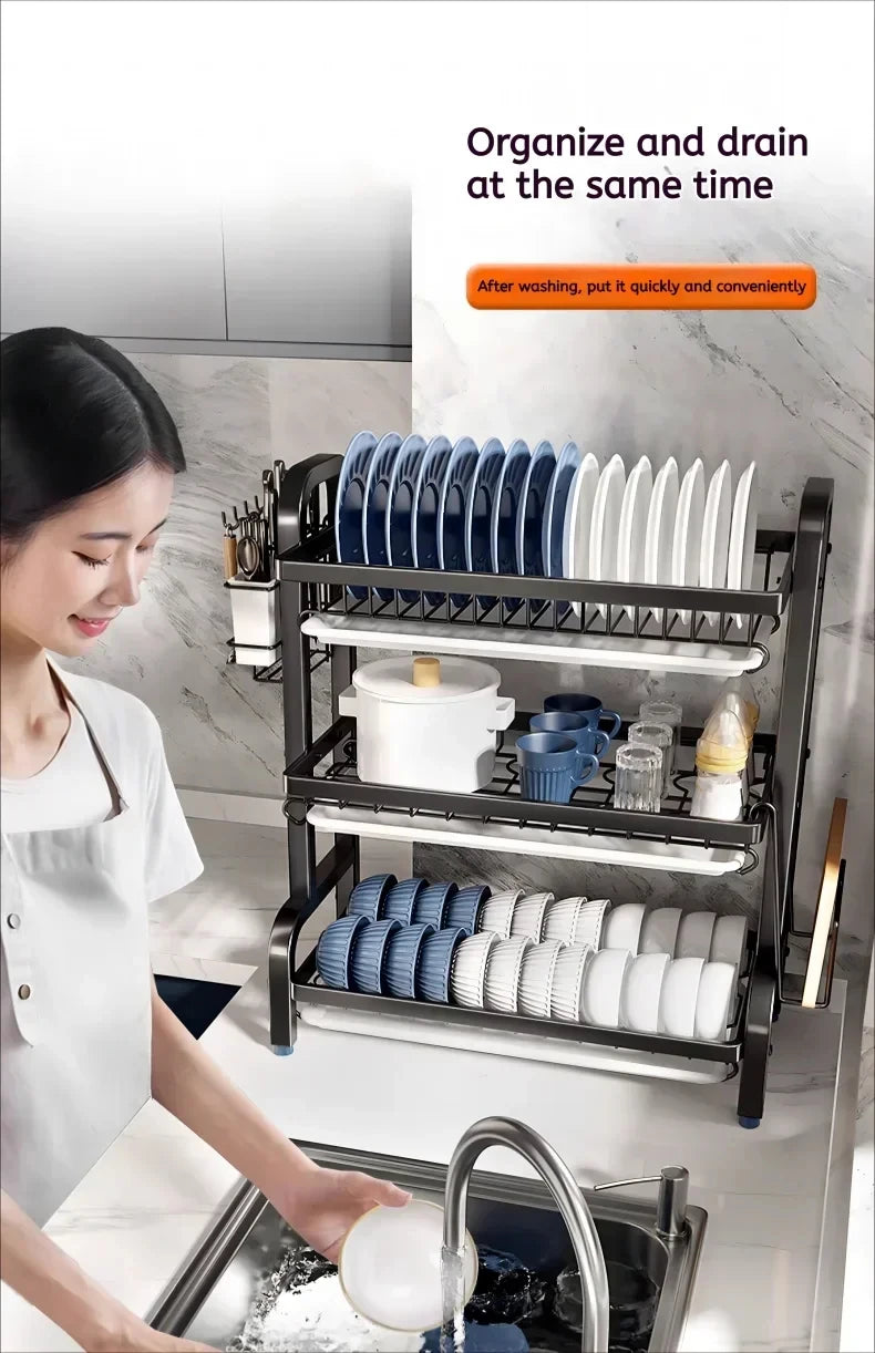 3-Tier Compact Dish Drying Rack with Drainboard Large Rust-Proof Metal Kitchen Storage Solution
