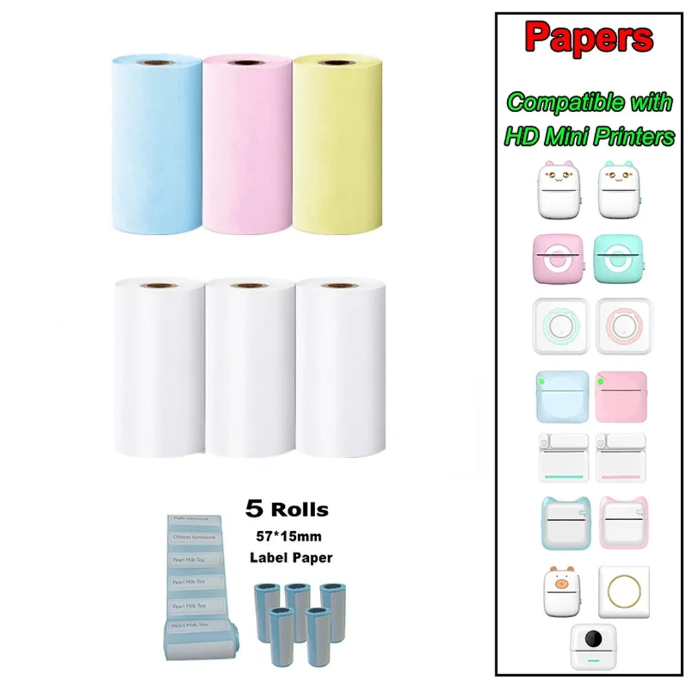 HD Mini Portable Printer 57mm Thermal Paper Self-Adhesive Stickers for Phone Photo Printing