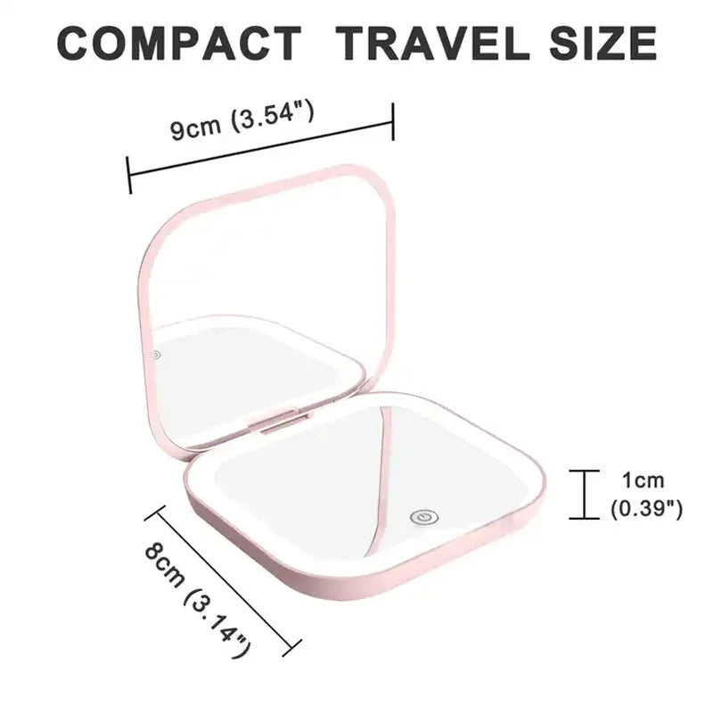 Portable Lighted Travel Mirror with Folding Design and Magnification for On-the-Go Makeup Touch Ups