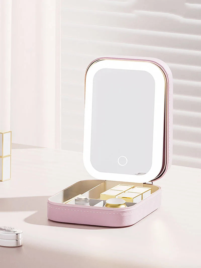 LED Makeup Bag With Mirror And Light Portable Cosmetic Storage For Women Small Lipstick And Brush Organizer