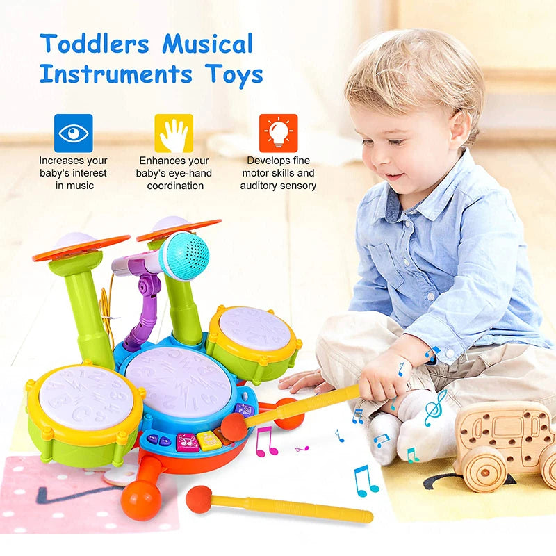 Kids Drum Set for Toddlers Ages 1 to 3 Musical Educational Instrument with Microphone Ideal for Learning Activities and Gift