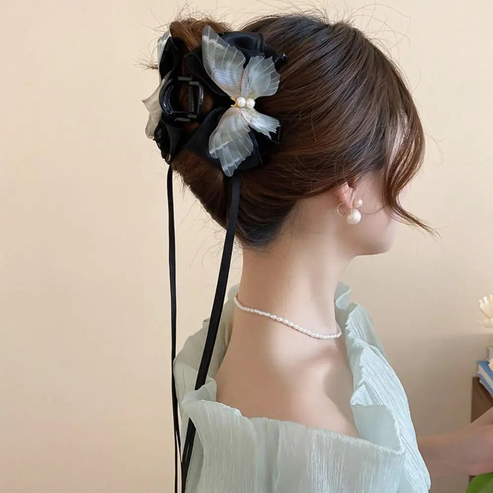 Fashion Mesh Butterfly Hair Claw Ribbon Bowknot Shark Clip Women